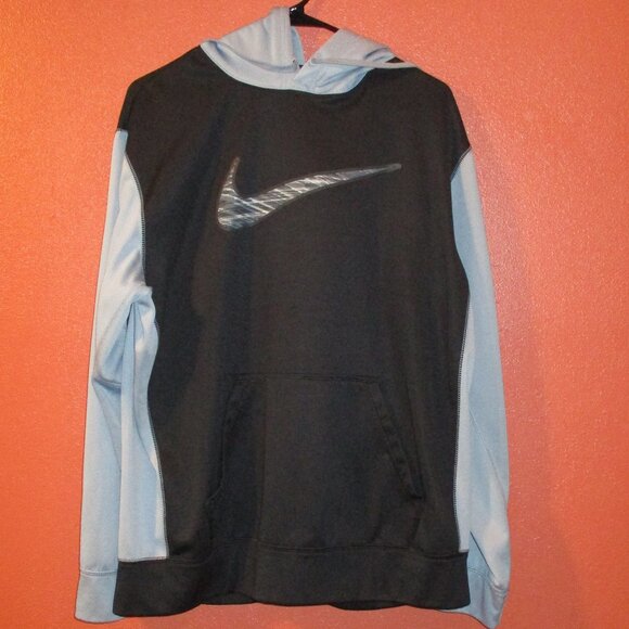 Nike Men Large Black Blue Swoosh Long Sleeve Therma Fit Pullover Hoodie - Picture 1 of 6